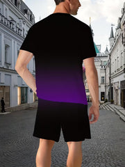 Ensemble dégradé manches courtes violet et noir — vue portée de dos, sur le trottoir