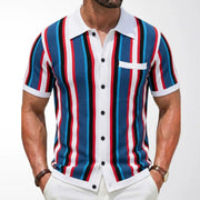 Polo cardigan rayé bleu, rouge et blanc — vue portée de face