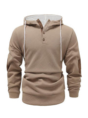 Sweat beige taupe à capuche et col boutonné, vue de face.