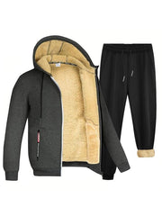 Ensemble veste zippée capuche — gris foncé, veste ouverte doublure sherpa et jogging noir