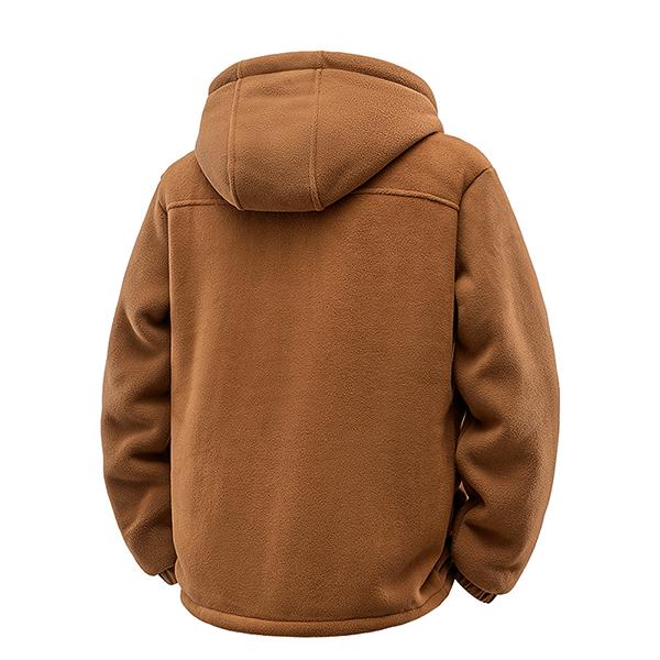 Dos de la veste marron à capuche.