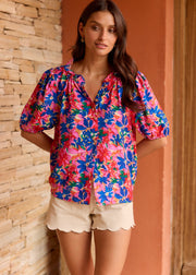 Chemise fleurie bleu rose manches courtes