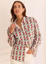 Chemise crème à fleurs rouges et vertes