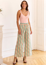 Pantalon vert rayé fleuri