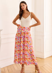 Jupe longue fleurie orange violet