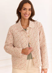 Veste blanche fleurie rose — vue portée de face, fermée