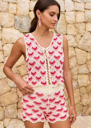Gilet rouge rose crochet transparent
