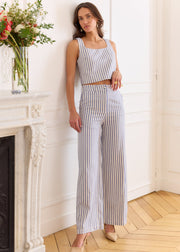 Pantalon rayé bleu et blanc taille haute
