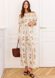 Pantalon ample beige fleuri en coton
