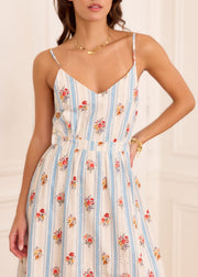 Robe bleue rayée fleurie brodée