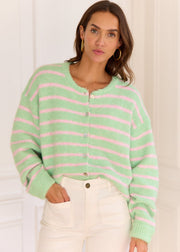 Gilet vert rayé rose — vue portée de face, boutonné