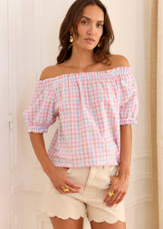 Blouse carreaux rose bleu col bardot
