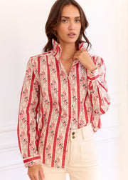 Blouse rayée fleurie col volanté