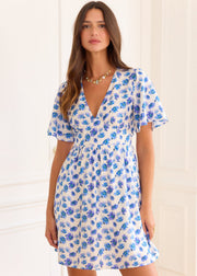 Robe blanche fleurie bleue fil Lurex