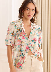 Blouse beige fleurie rose vert