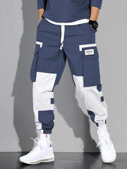 Pantalon cargo contrastes couleurs bleu et blanc — vue portée en pied