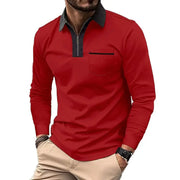 Polo à col zippé contrastant rouge, col noir — vue portée de face