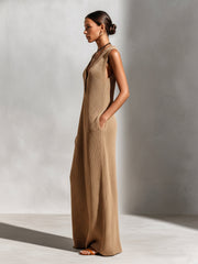 Robe camel col en V — vue portée de profil