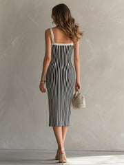 Robe midi rayures crème noires — vue portée en pied, de dos