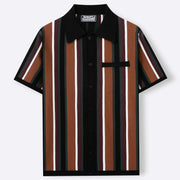 Polo cardigan rayé marron, noir et blanc — vue à plat, de face