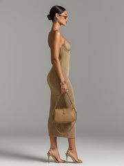 Robe midi côtelée empiècement dentelle beige — vue portée de profil