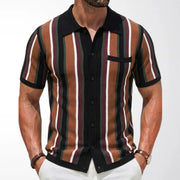 Polo cardigan rayé marron, noir et blanc — vue portée de face