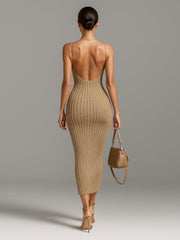 Robe midi côtelée empiècement dentelle beige — vue portée de dos