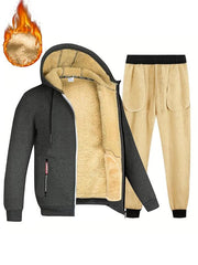 Ensemble veste zippée capuche — gris foncé, jogging retourné montrant la doublure beige