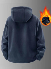 Dos de la veste bleu marine à capuche avec graphisme de flamme.