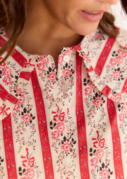 Blouse rouge rayée fleurie