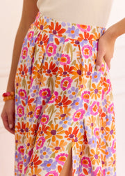 Jupe longue fleurie orange violet