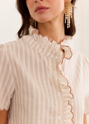 Blouse rayée taupe brodée festonnée