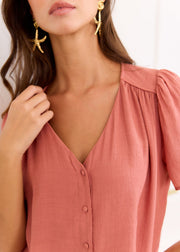 Blouse vieux rose fronces épaules