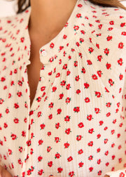 Blouse beige fleurie rouge
