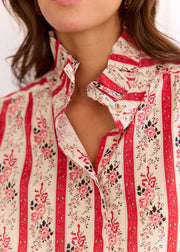 Blouse rayée fleurie col volanté