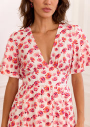 Robe fleurie fuchsia corail fils dorés