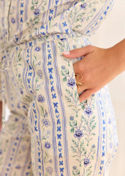 Pantalon rayé fleuri bleu