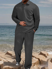 Ensemble polo texturé pantalon cordon gris foncé — vue portée en pied