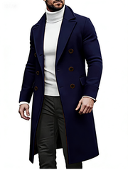 Manteau croisé à revers crantés bleu marine — vue portée de face