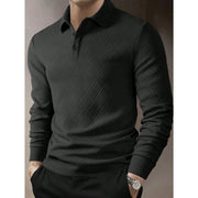 Polo maille manches longues gris anthracite — vue portée de trois-quarts