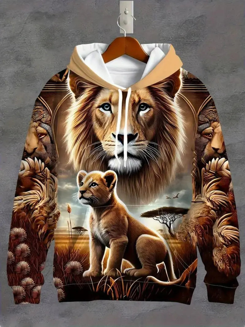 Sweat à capuche avec un lion et un lionceau dans un paysage.