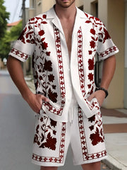 Ensemble chemise ethnique et short blanc et rouge — vue portée de face
