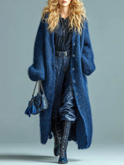 Gilet long ample boutonné bleu marine — vue portée en pied