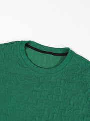 Ensemble jacquard deux pièces vert émeraude — détail encolure ronde du t-shirt