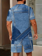 Homme de dos portant un ensemble t-shirt et short à imprimé patchwork bleu.
