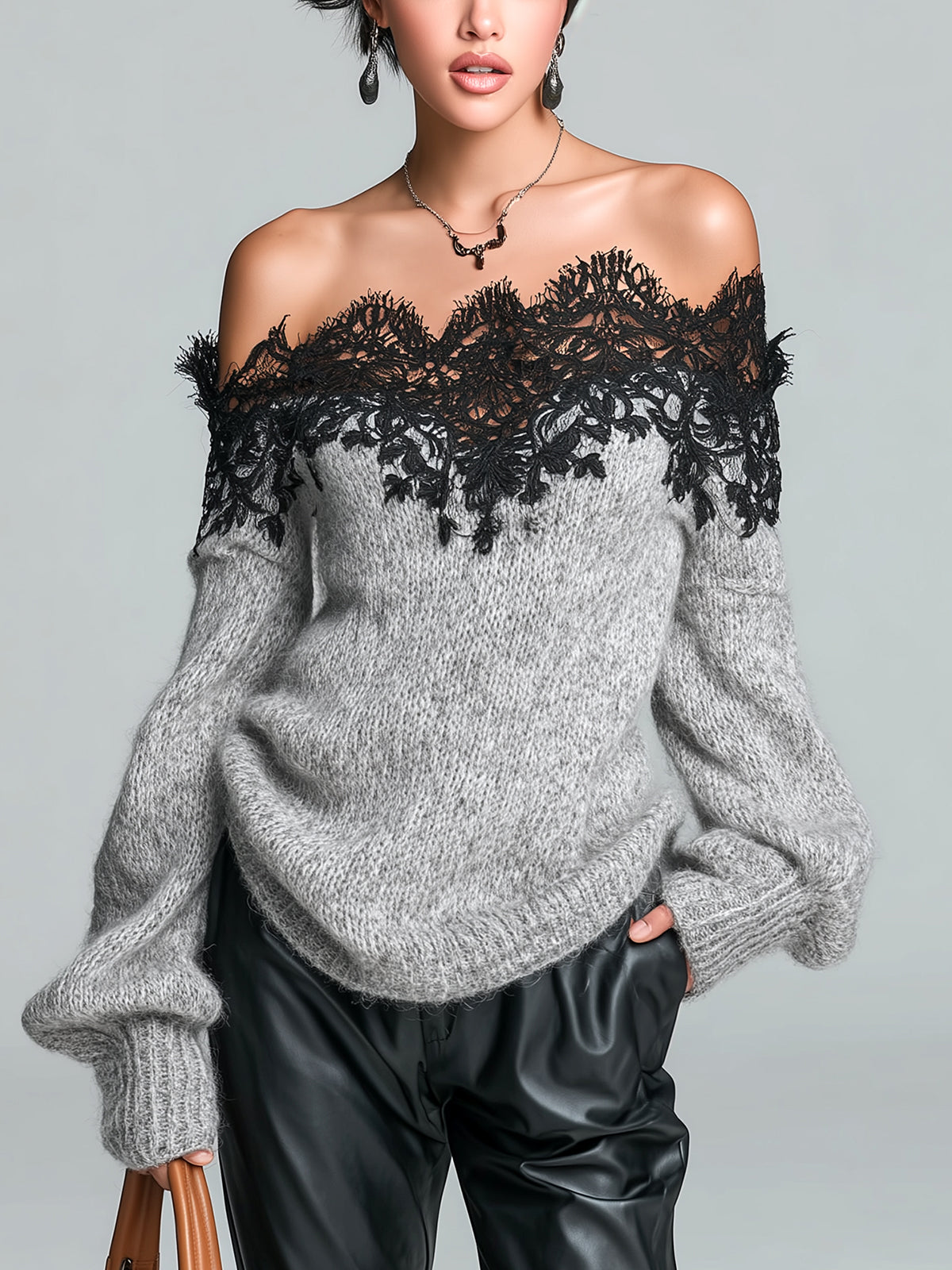 Pull épaules dégagées bordure dentelle gris chiné — vue portée de face