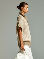 Haut panneaux contrastés col montant beige chiné — vue portée de profil