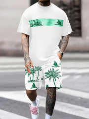 Ensemble chemise palmier et short motif vert — vue portée en marche, passage piéton