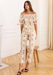 Pantalon ample beige fleuri en coton