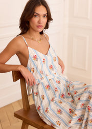 Robe bleue rayée fleurie brodée